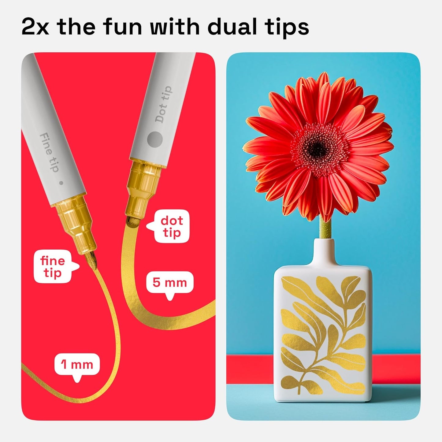 ARTISTRO 2 Gold Dual-Tip Acrylic Paint Pens - Multisurface Markers for Glass, Rock, Fabric, Wood, Plastic & More - 5mm Dot + 1mm Fine Tips