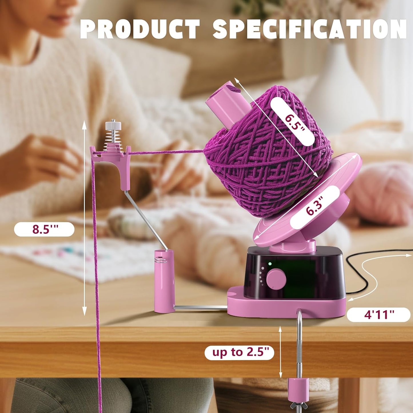 Yarn Winder, Electric Yarn Ball Winder for Crocheting, Efficiently Cake with Strong Tension Adjustable Speed Up to 13 oz, Automatic Spinner Wool for Knitting Enthusiast (Pink)
