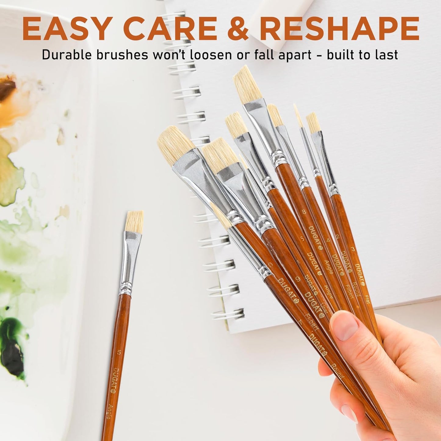 10pcs Short Handle White Hog Hair Artist Paint Brush Set by DUGATO Perfect for Acrylic Oil Gouache Watercolor, Painting Brushes Kit for Kids, Adults Fabulous for Canvas & Fabric