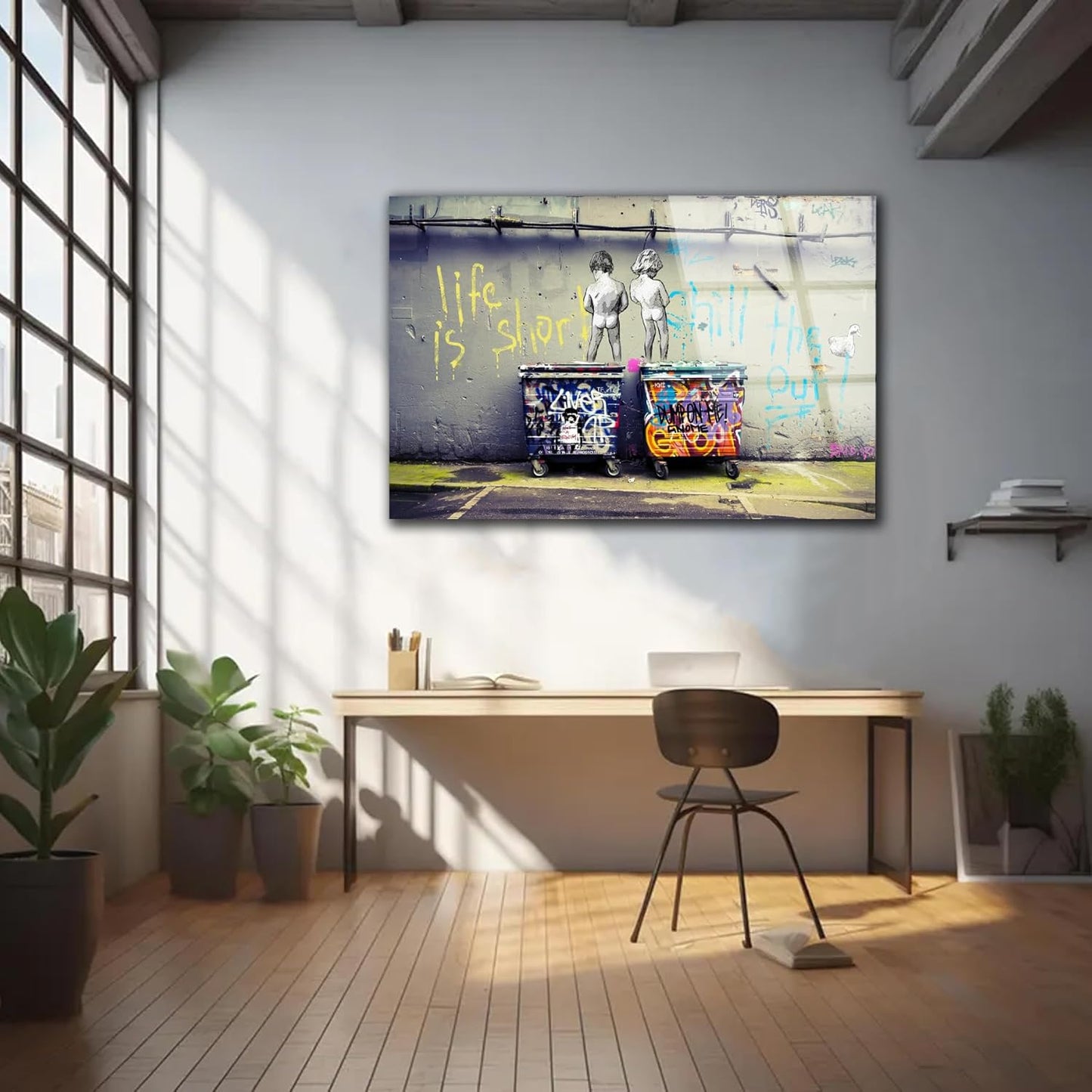 SpiritualHands Banksy Peeing Boys Life Is Short Printed Tempered Glass Wall Art Painting for Living Room, Tempered Glass Modern Prints Decor, Large Vivid Color Panel for Bedroom, Kitchen, or Office