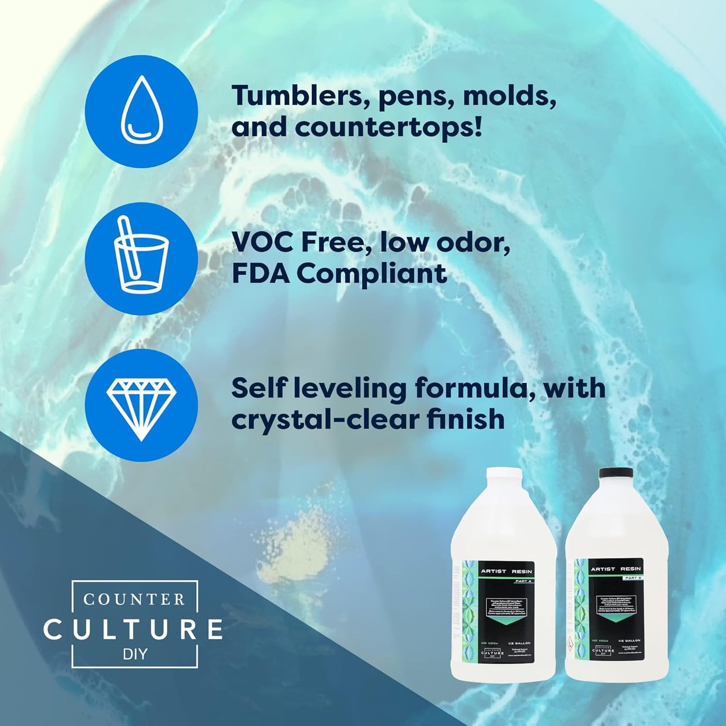Counter Culture DIY Clear Artist Resin, 32 oz Kit, Art Epoxy Supplies for Metallic Stains Acrylic 100% Solids Easy Coat No VOCs Scratch UV Heat Resistant to 500 Degrees