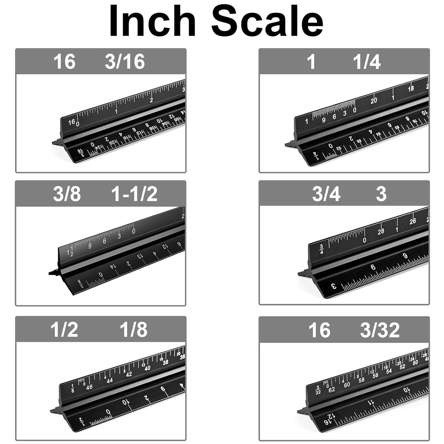 Architectural Scale Ruler, 12 Inch Aluminium Architect Scale Ruler, Imperial Metal Engineers Triangular Ruler for Architects, Students and Draftsmen, Laser Etched Markings