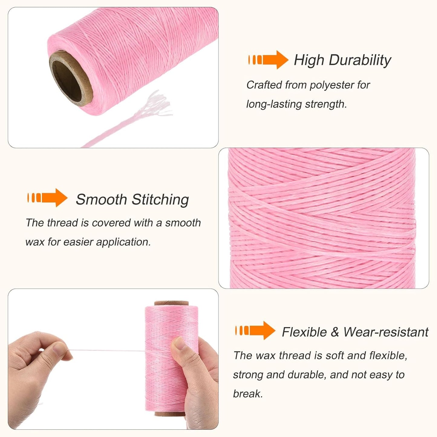 MECCANIXITY Waxed Thread,284 Yard 0.8mm 150D Flat Wax Thread Polyester Waxed String for Leather Sewing Hand Weaving Book Binding Home Decoration,Pink