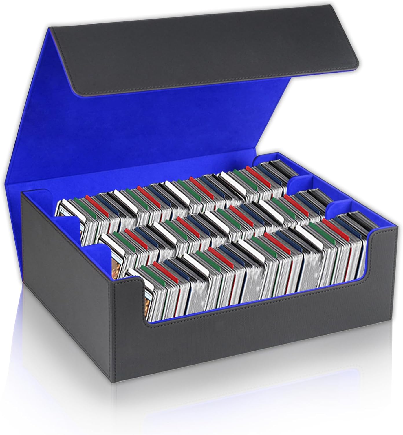 Card Storage Box for Trading Cards，2400+ Leather Magnetic Closure Commander Storage Box,Protectors Fit for YuGiOh, MTG and Sport Cards (Black, blue, 2400+)