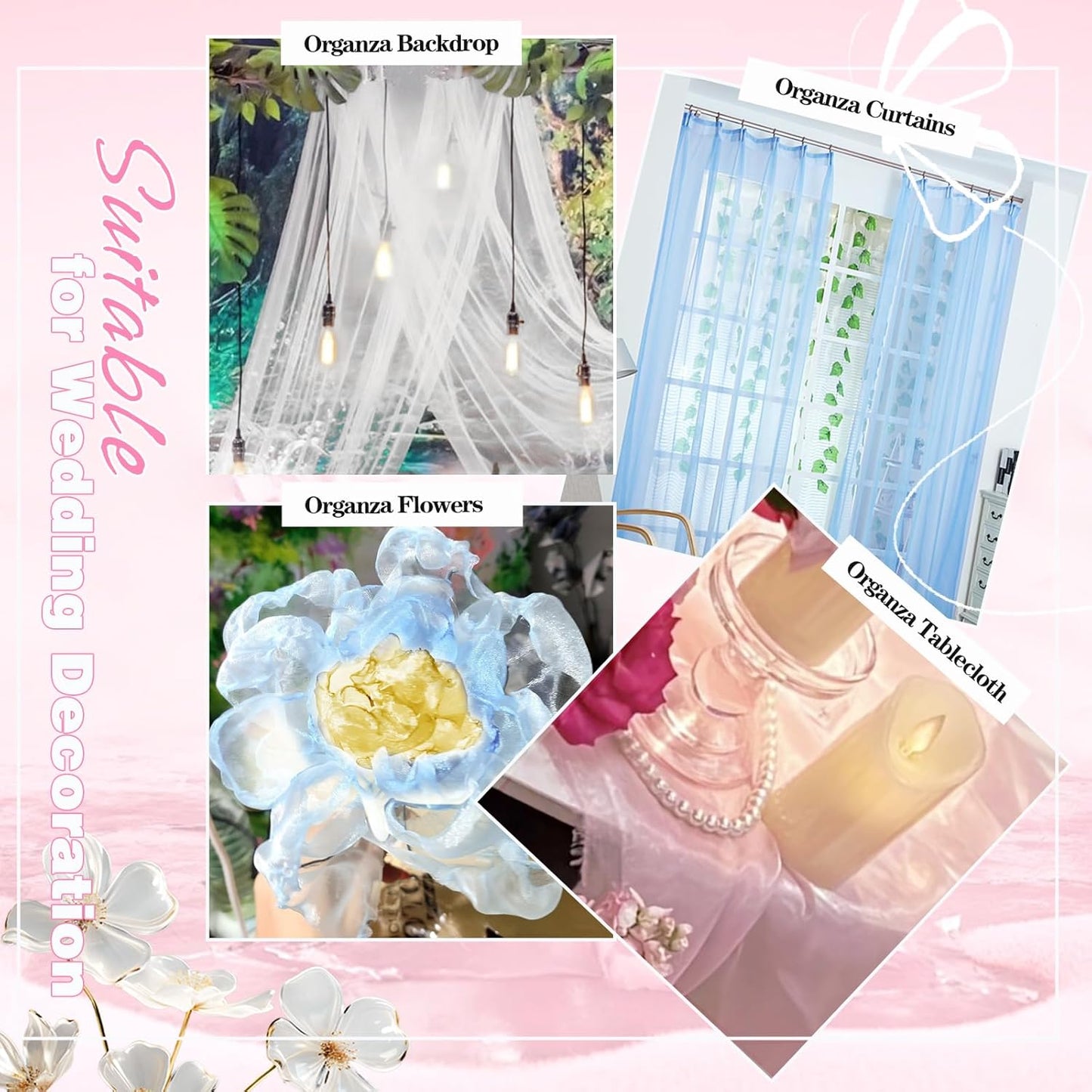 VACVELT Sheer Organza Fabric by The Yard, 60 Inch Wide Light Pink Organza Fabric Bolt Bridal Sheer Tulle Fabric, Silk Organza Roll for Wedding Party Decorations Backdrop Curtain (1 Yard)