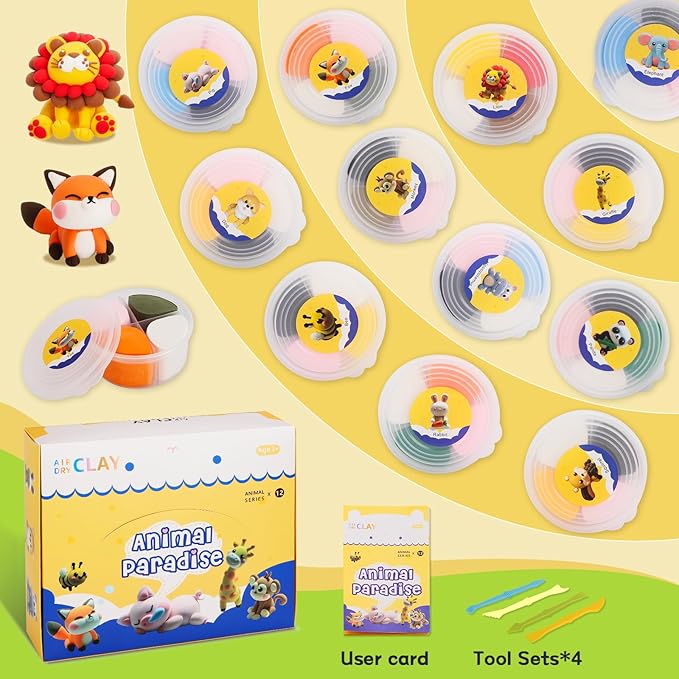 Air Dry Clay for Kids,12 Animal Modeling Clay for Kids,Arts and Crafts,Non-Toxic Air Dry Clay Animal Kit with Sculpting Tools, DIY Christmas Gift for Girls and Boys Christmas Crafts