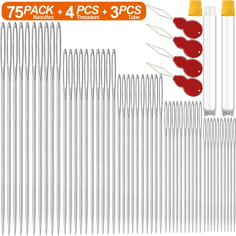 75 Pack Premium Large Eye Needles for Hand Sewing with 4 Needle Threaders, Assorted Sizes, Embroidery Needles for Hand Sewing, Sewing Needles Large Eye, Big Eye Needle
