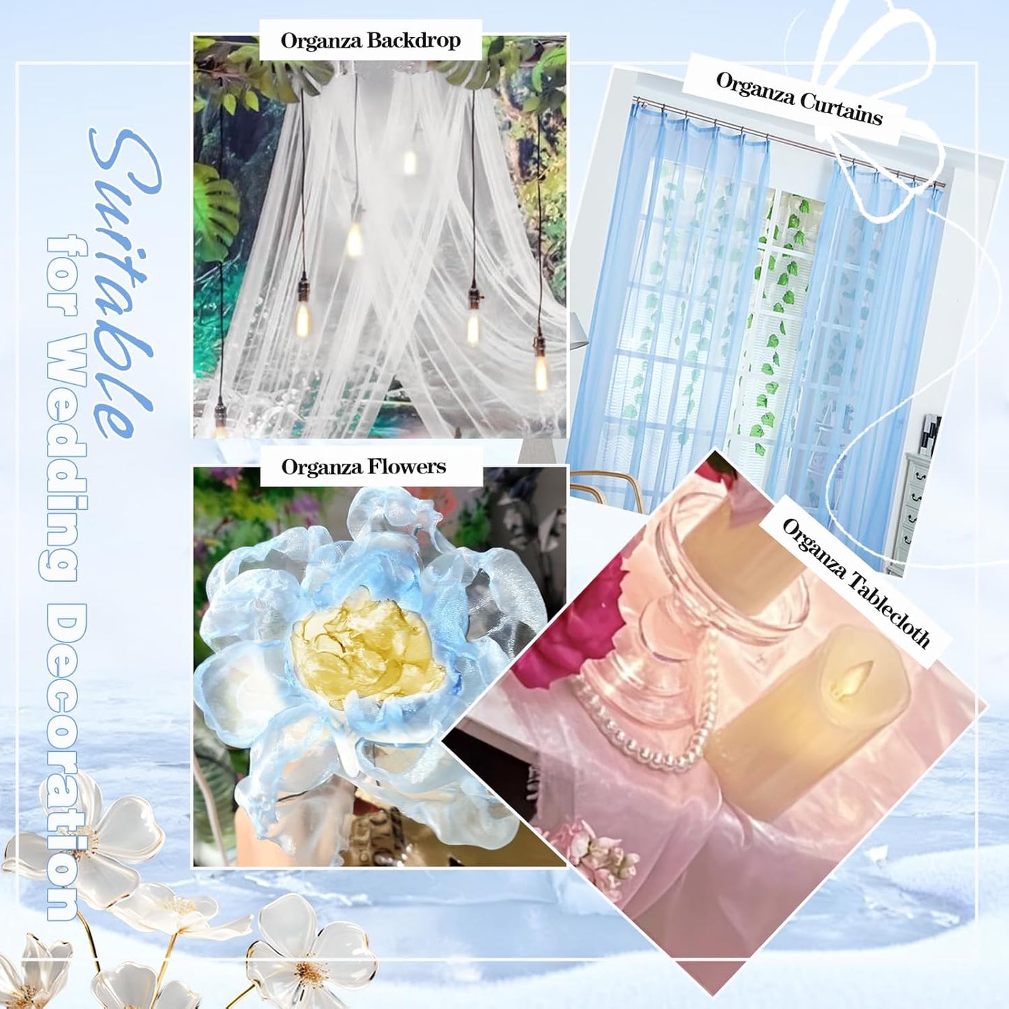 VACVELT Sheer Organza Fabric by The Yard, 60 Inch Wide Light Blue Organza Fabric Bolt Bridal Sheer Tulle Fabric, Silk Organza Fabric Roll for Wedding Party Decorations Backdrop Curtain (10 Yards)