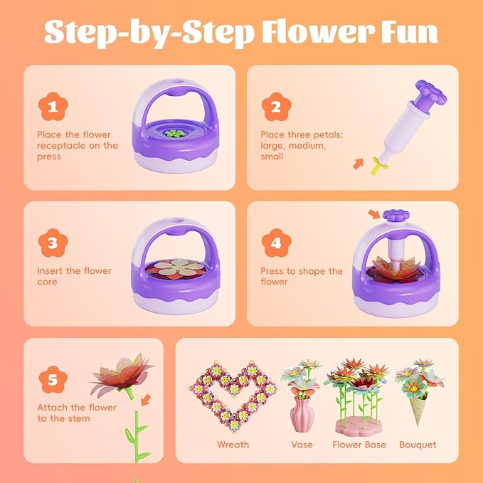 Fabric Flower Bouquet Craft Kit, DIY Arts & Crafts Toy for Kids, Creative Flower-Making Activity Set, Educational Preschool Toy, Perfect Birthday & Christmas Gift for Girls Ages 4 5 6 7 8+ (purple)