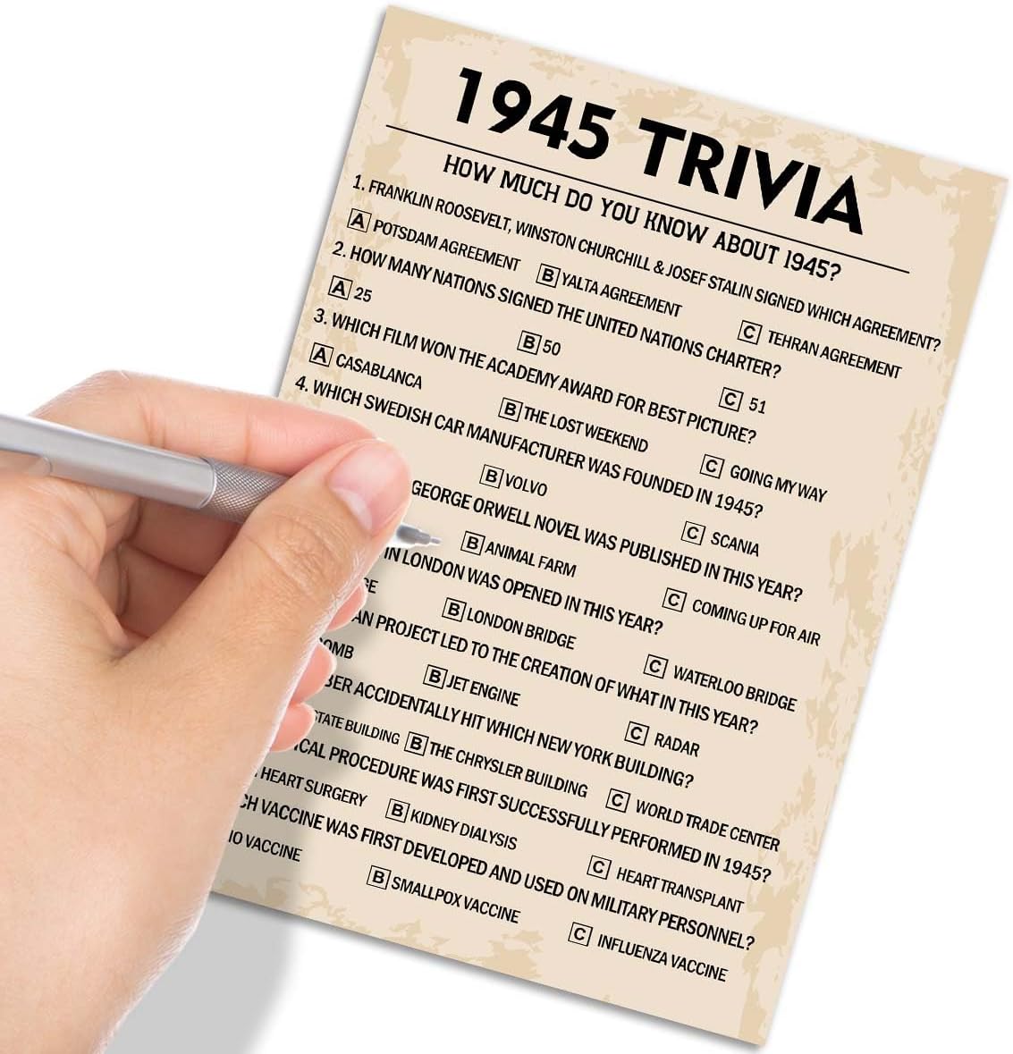80th Birthday Party Games, 1945 Trivia Games, Birthday Party Supplies for Adults, Fun 1945s Party Game，Pack of 30 Cards