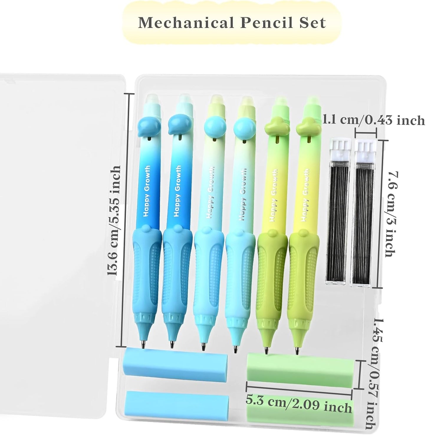 Temiary Cute Mechanical Pencil Set with Case, 6 Pcs Medium Point 0.9 mm Pencils with 2 Tubes HB Lead Refills, 4 Pcs Erasers for School Supplies Student Writing, Drafting Drawing Sketching (Morandi)