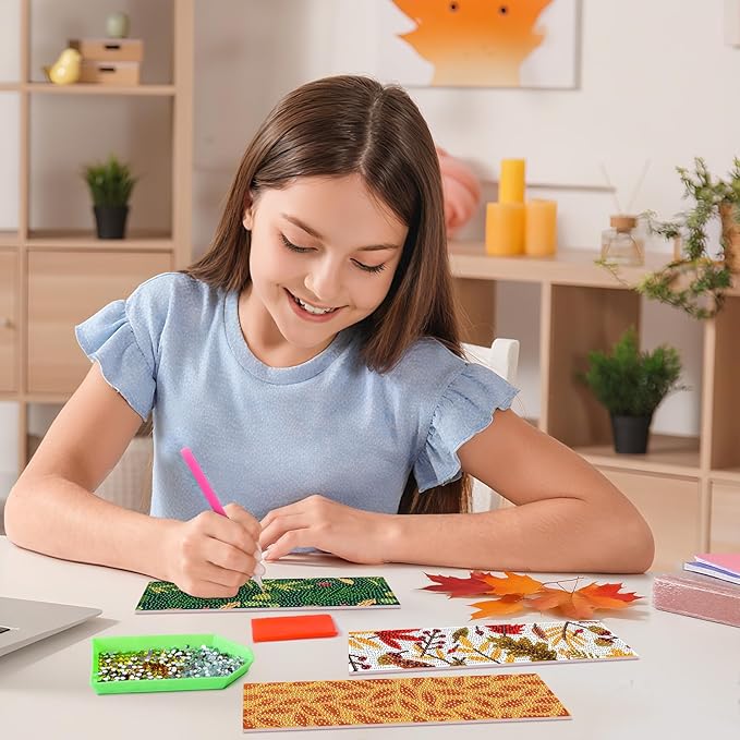 8 Pieces Fall Diamond Art Bookmarks 5d Maple Leaves Bookmark Acrylic Tassel Bookmark for DIY Making Beginners Kids Adults Arts Craft Supplies (Fall)