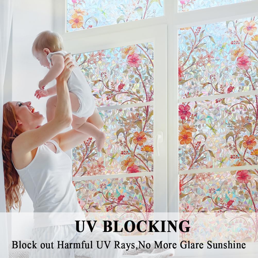 Stained Glass Window Film Static Cling Door Privacy Film Decorative Flowers Red Leaves Window Decals Stickers Heat Control Anti UV for Home and Office,45.2x157 in.