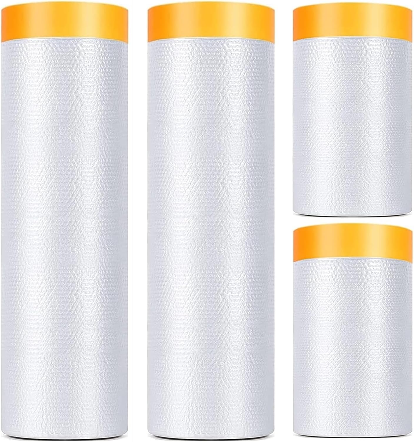 4 Pack Tape and Drape, 3 Sizes Pre-Taped Masking Film for Auto Painting Covering, 65.6 Ft/Pack Plastic Pre-Adhesived Dust Paint Protective Drop Film for Furniture, Car, Floor