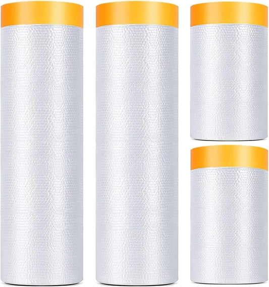 4 Pack Tape and Drape, 3 Sizes Pre-Taped Masking Film for Auto Painting Covering, 65.6 Ft/Pack Plastic Pre-Adhesived Dust Paint Protective Drop Film for Furniture, Car, Floor