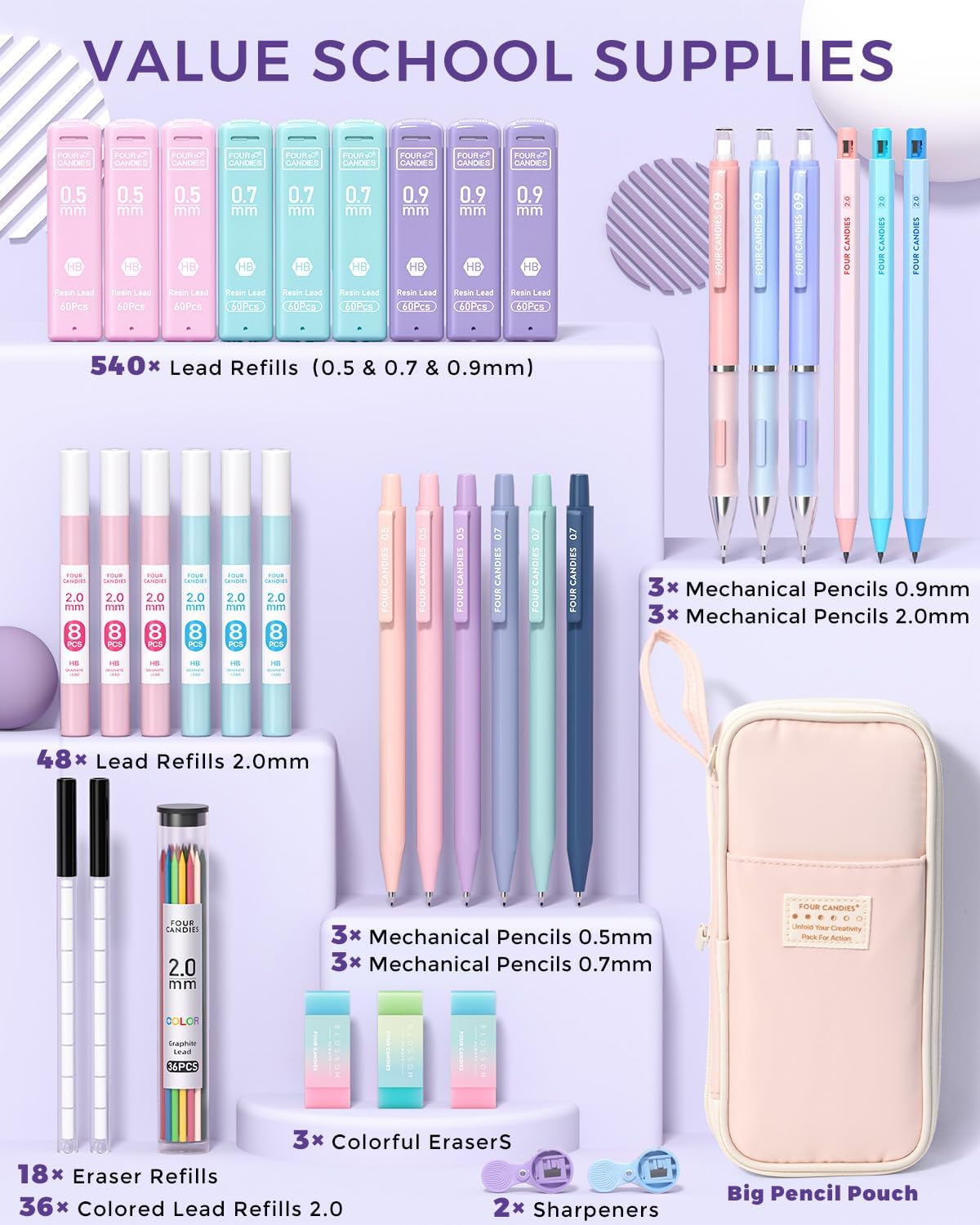 Four Candies 36PCS Aesthetic School Supplies, Mechanical Pencils 0.5mm, 0.7mm, 0.9mm & 2.0mm with 624PCS Lead Refills, Cute Mechanical Pencils for Writing, Drawing & Drafting (Pink)