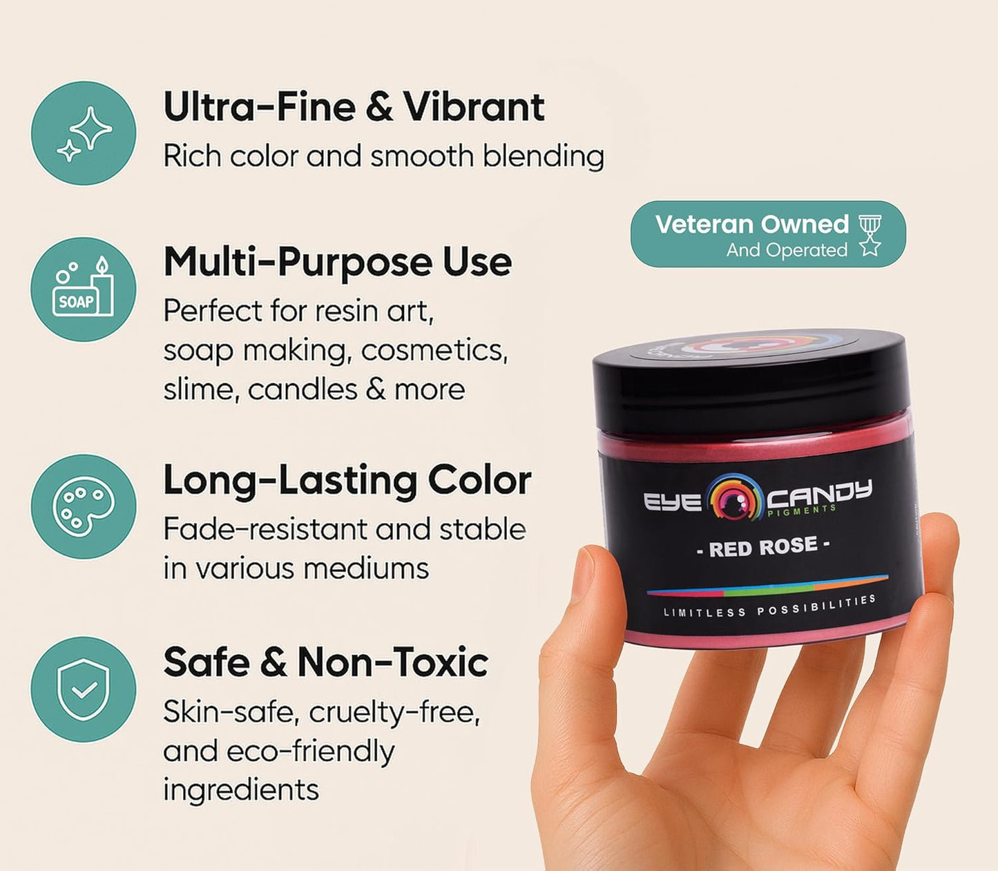 Eye Candy Pigments Premium Red Mica Powder - Red Rose (50gr) - for Epoxy, Resin, Soap, Paint, Woodworking, Acrylic Pouring, Bath Bombs, Fishing Lures - DIY Arts and Crafts Additive