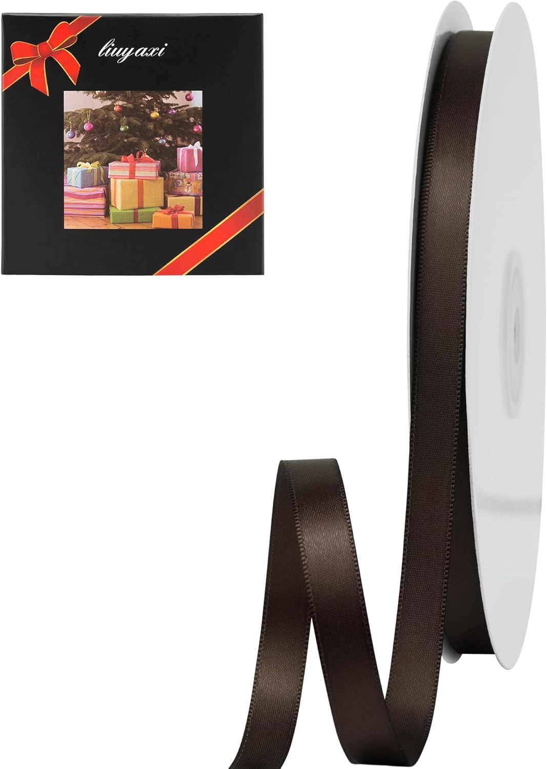 LIUYAXI Brown Double Faced Satin Ribbon, 3/8" X Continuous 100 Yards, Ribbons Perfect for Gift Wrapping Bows Bouquet Wedding Decor DIY Craft and More