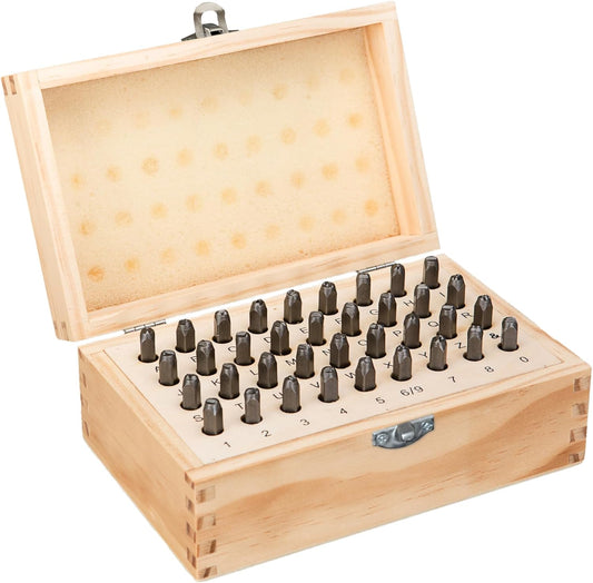 HimaPro Letter and Number Stamp Set 36pcs 40Cr Alloy Steel Metal Stamp Number & Letter Punch Set in a Wooden case (3mm 1/8 Inch)