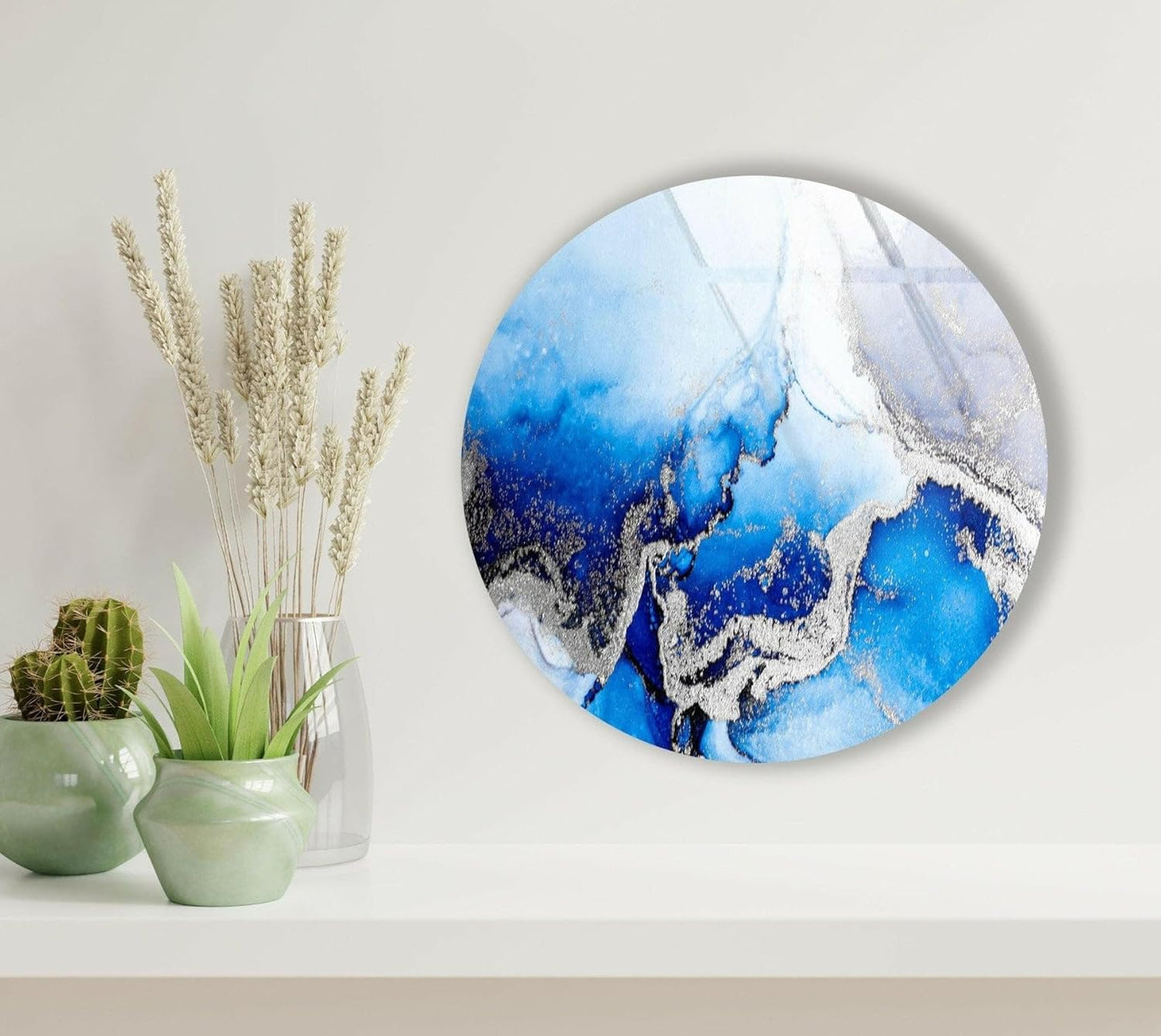My Photostation.com 24''(60cm) Diameter Blue Marble Round with Silver Details Glass Wall Art Tempered Glass Printing Wall Decor Large Wall Art Wall Hangings