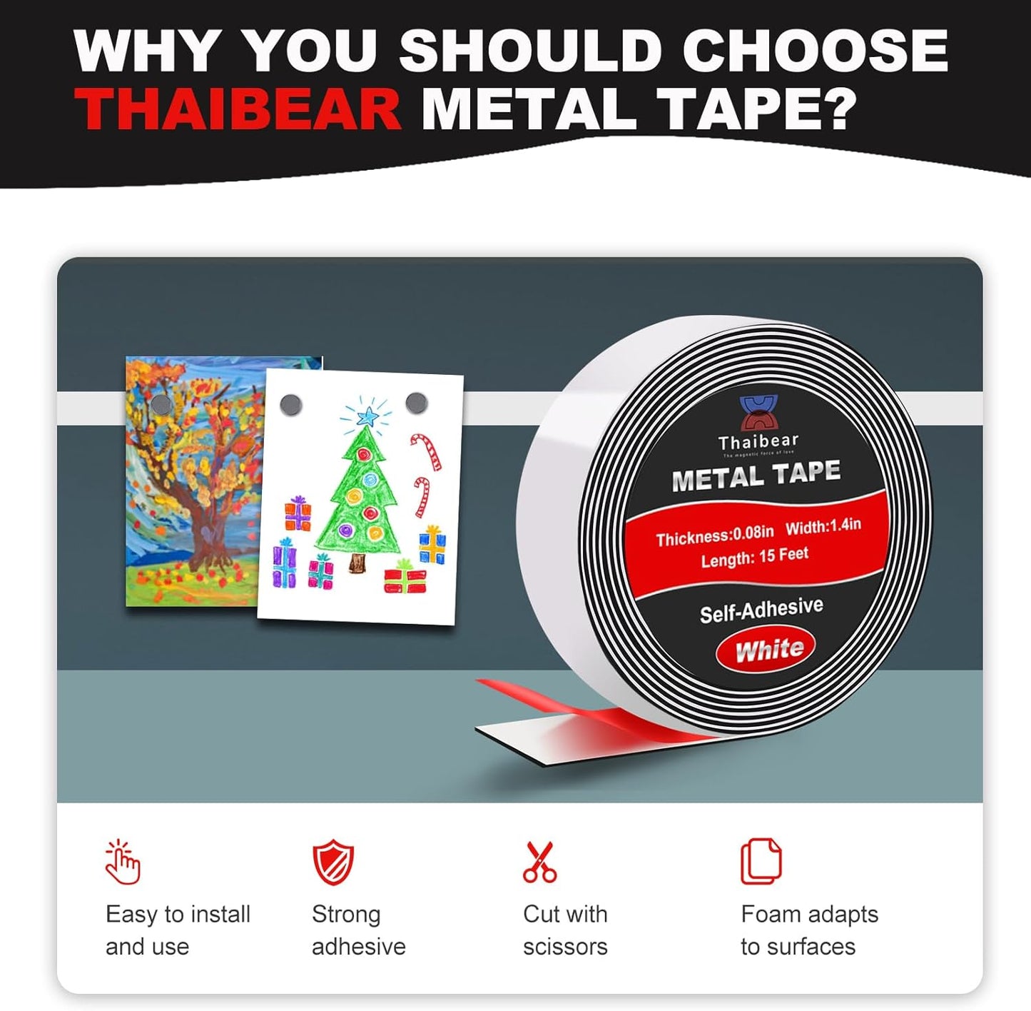 Thaibear Metal Strips (1.4'' Wide x 15 ft Long) Flexible Self Adhesive Ferrous Magnet Tape Roll