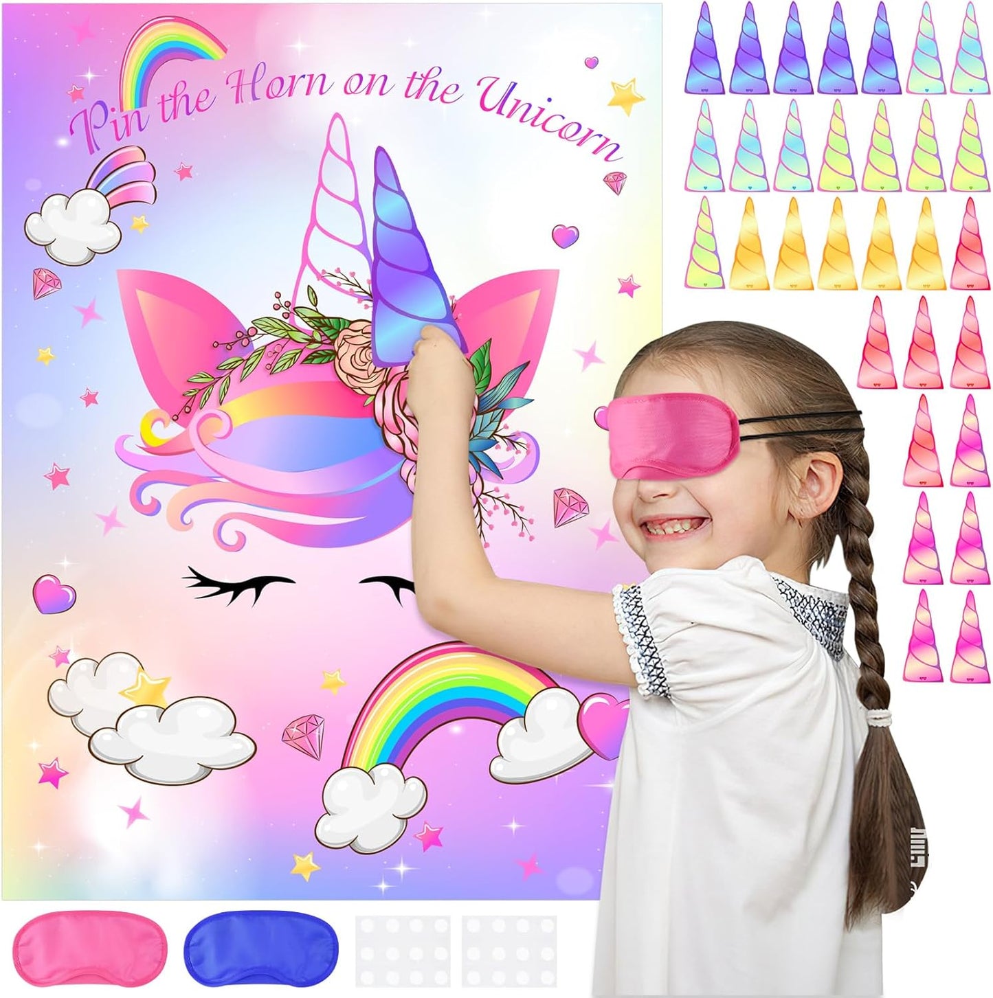 ASTARON Pin The Horn on The Unicorn Game for Kids Birthday Party, Unicorn Party Game with 30 pcs Horn Stickers Birthday Party Supplies for Wall Home Room Decorations