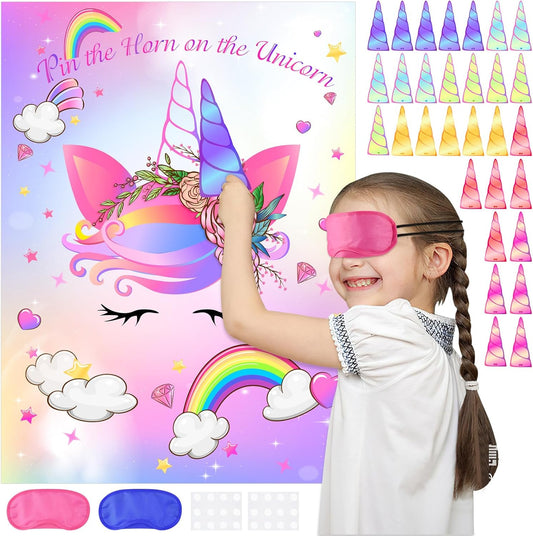 ASTARON Pin The Horn on The Unicorn Game for Kids Birthday Party, Unicorn Party Game with 30 pcs Horn Stickers Birthday Party Supplies for Wall Home Room Decorations