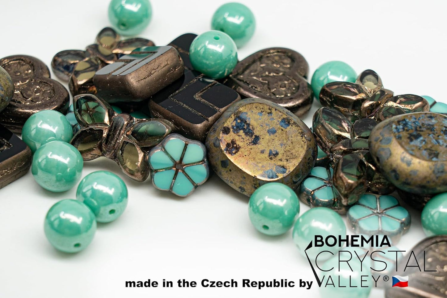 45+ pcs (2.1oz=60g) of Focal Glass Bead Mix with Table-Cut Flower and Butterfly Beads, PG Turqouise Brown Brass