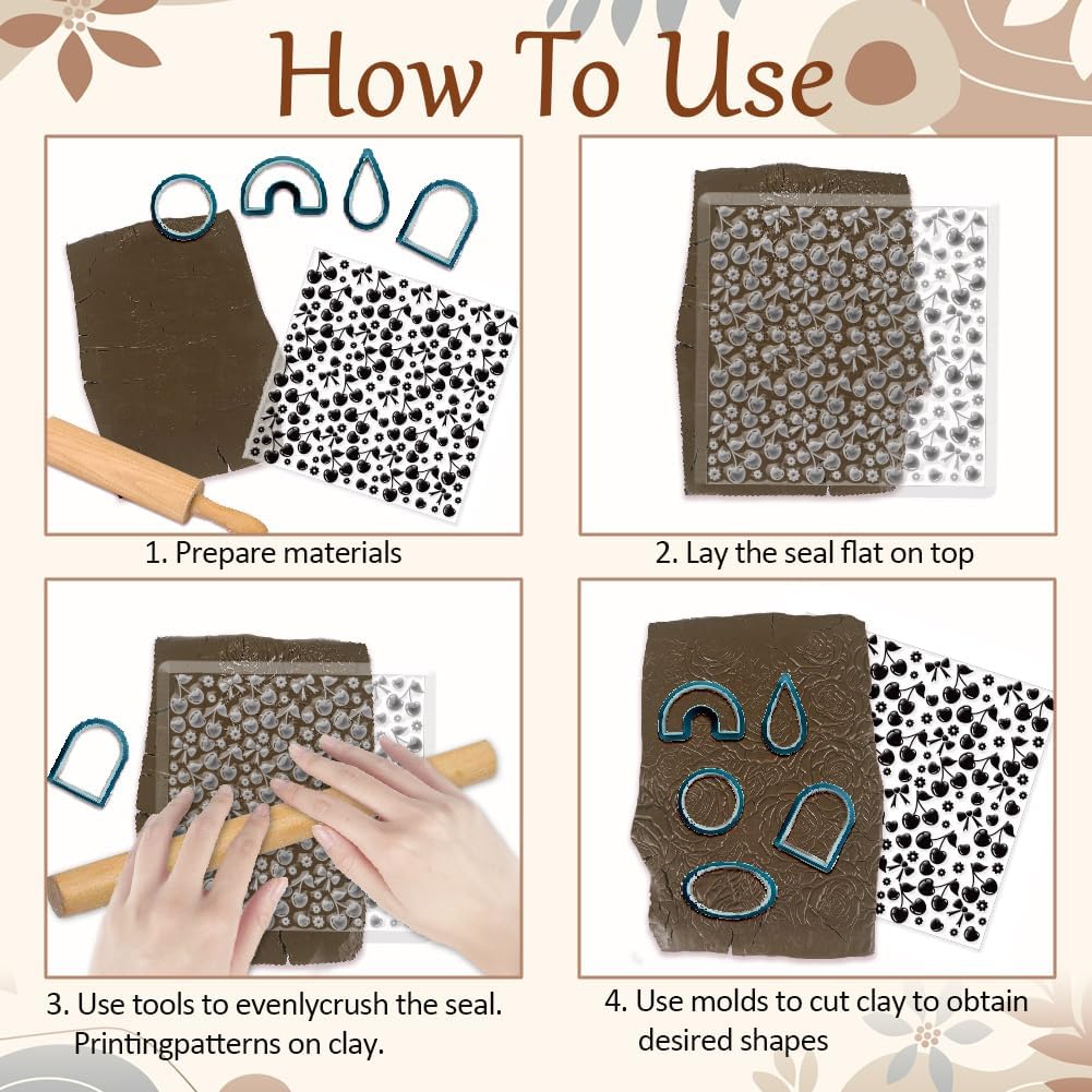 CHGCRAFT Cherry Polymer Clay Texture Sheets Flowers Bow Silicone Texture Stamp Clay Modeling Pattern Pad Texture Sheets for Polymer Clay Making Earrings Jewelry