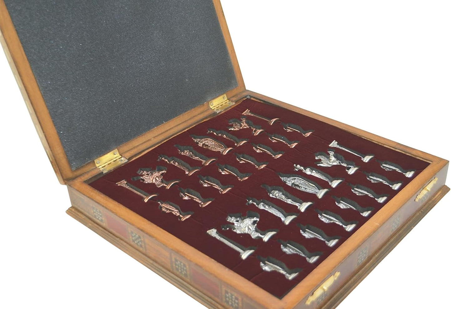 Medieval British Army Antique Copper Metal Chess Set for Adults,Handmade Pieces and Natural Solid Wooden Chess Board with Storage Inside King 3.35inc