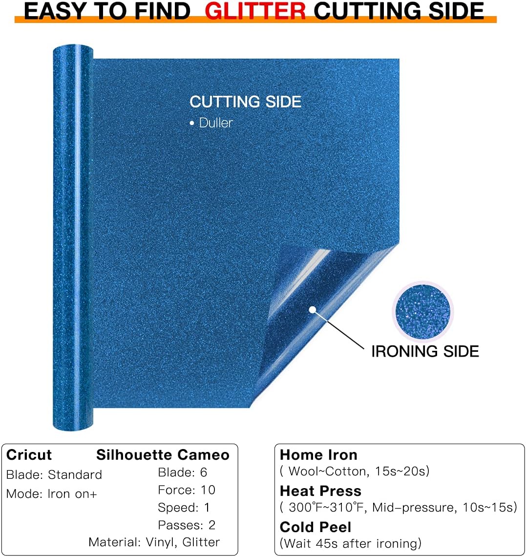 HTVRONT Blue Glitter HTV Heat Transfer Vinyl Rolls - 10" x 8ft Glitter HTV Vinyl for Shirts, Easy to Cut & Weed for Heat Vinyl Design