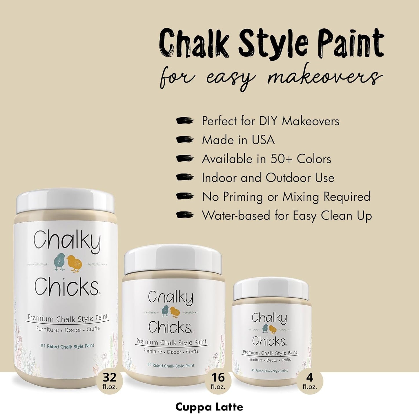 Chalky Chicks All-in-One Chalk Paint for Furniture or Cabinet - 32 Fl Oz - Matte Finish Cuppa Latte Tan for Metal, Wood Furniture Paint - No Sanding All-in-One for Home Decor & Crafts, USA Made