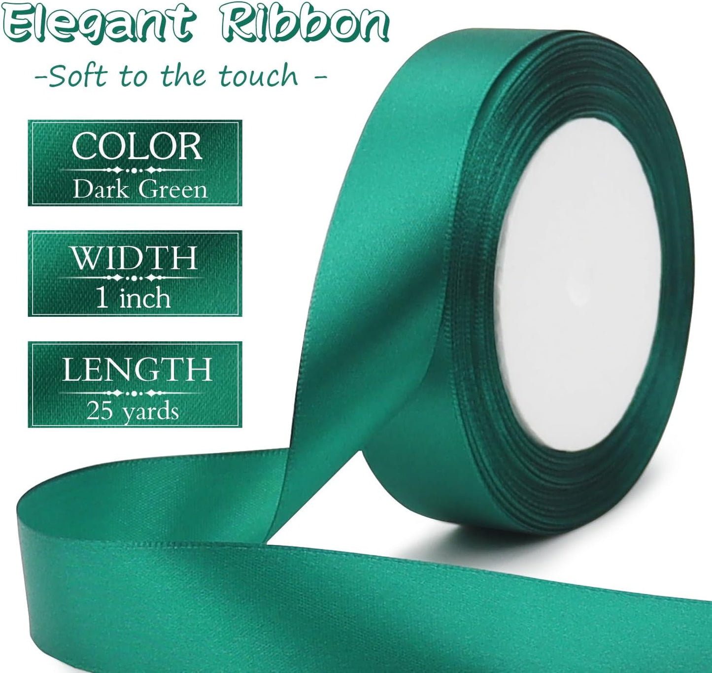 Dark green Solid Satin Ribbon 1 Inch 25 Yards Solid Polyester Fabric Ribbon for Gift Wrapping Wedding Christmas Baby Shower Birthday Party Decoration Handmade Immortal Flower Craft