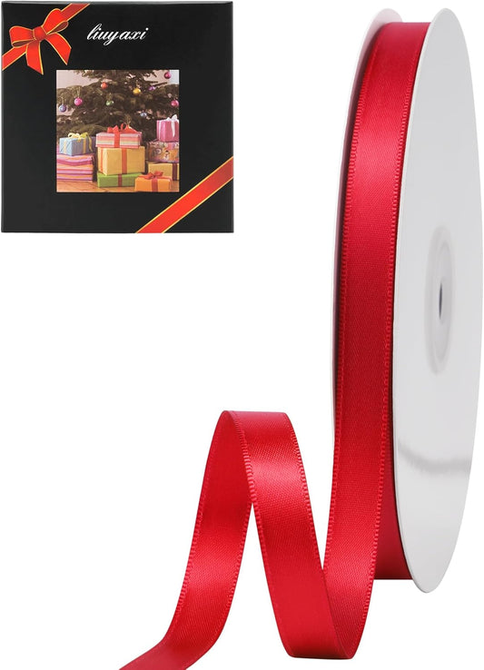 LIUYAXI Hot Red Stain Ribbon, 1/2" X Continuous 50 Yards, Double Faced Fabric RibbonPerfect for Gift Wrapping Wedding Christmas Birthday Floral Arrangement Craft