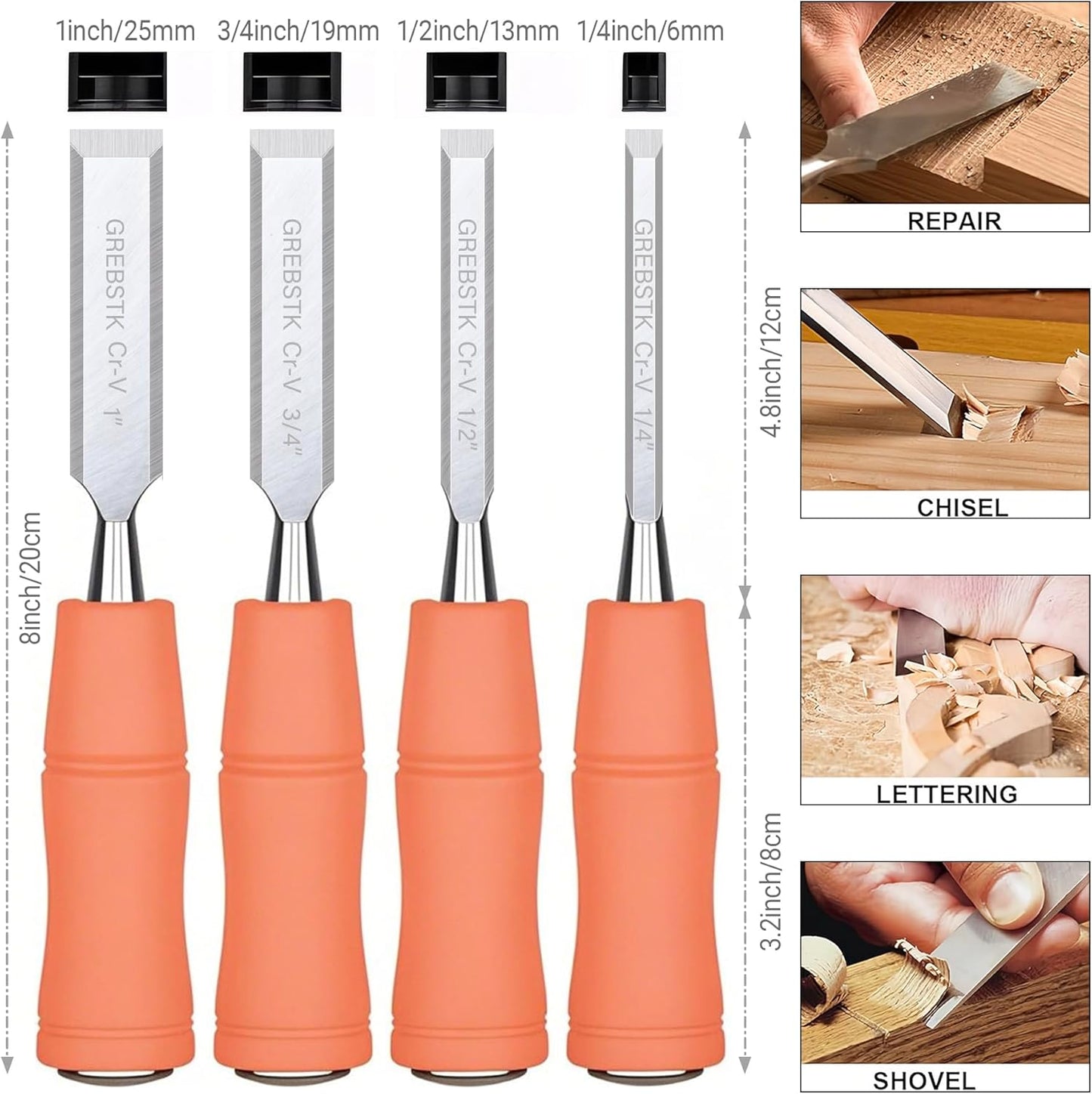 GREBSTK 4 Pcs Wood Chisel Set, CRV Steel Bevel Sharp Edge Bench Chisels with Metal Striking Cap, for Woodworking and DIY Projects, 8"x(1/4", 1/2", 3/4", 1")