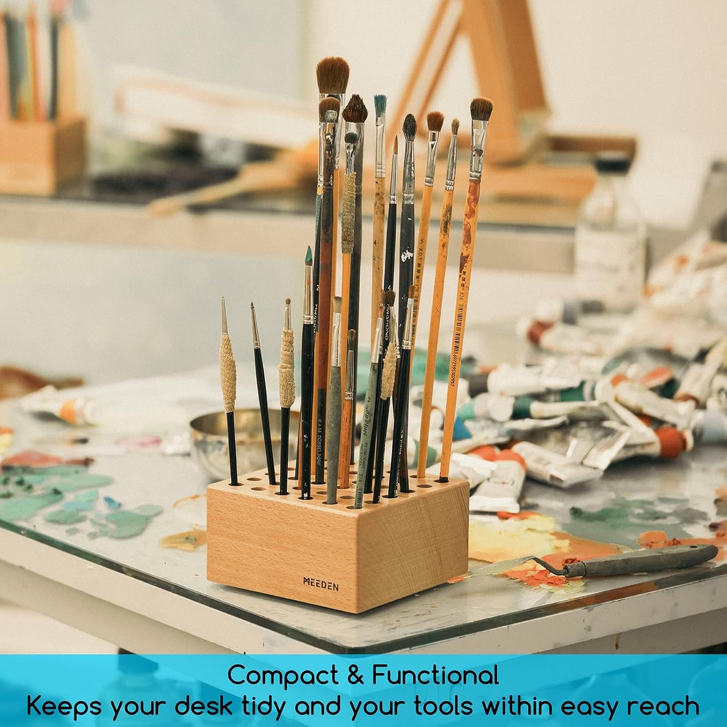 MEEDEN Beechwood Pencil and Brush Holder: 36 Holes Paint Brush Storage Organizer & Holder Rack - Wooden Block Pencil Holder for Paintbrushes, Pens and Art Tools - Paint Brush Holder Display Stand