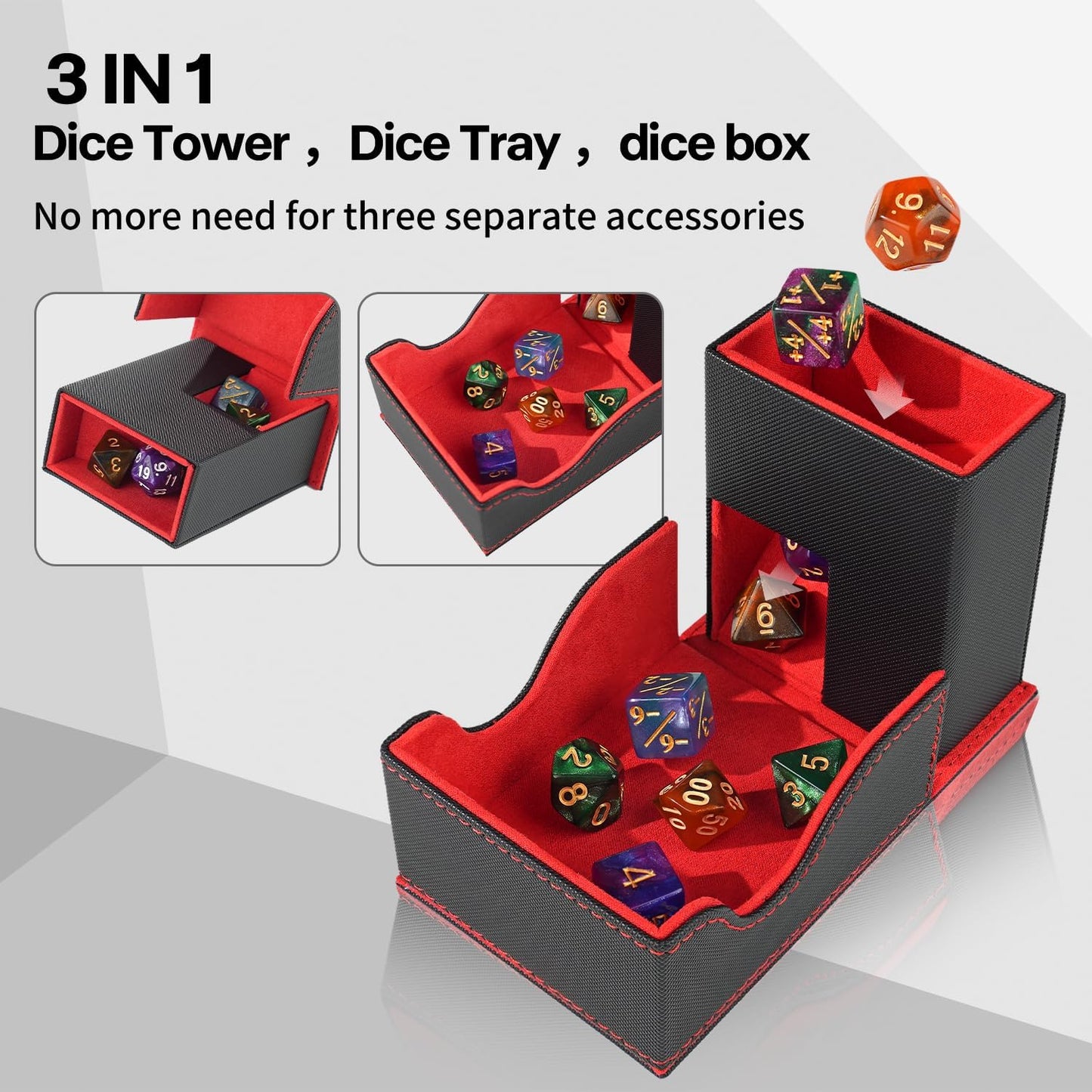 Dice Roller Tower, Premium DND Magnetic Dice Tray, Foldable PU Leather Dice Tower RPG Gifts for Dungeons and Dragons MTG Dm & Player Black/Red