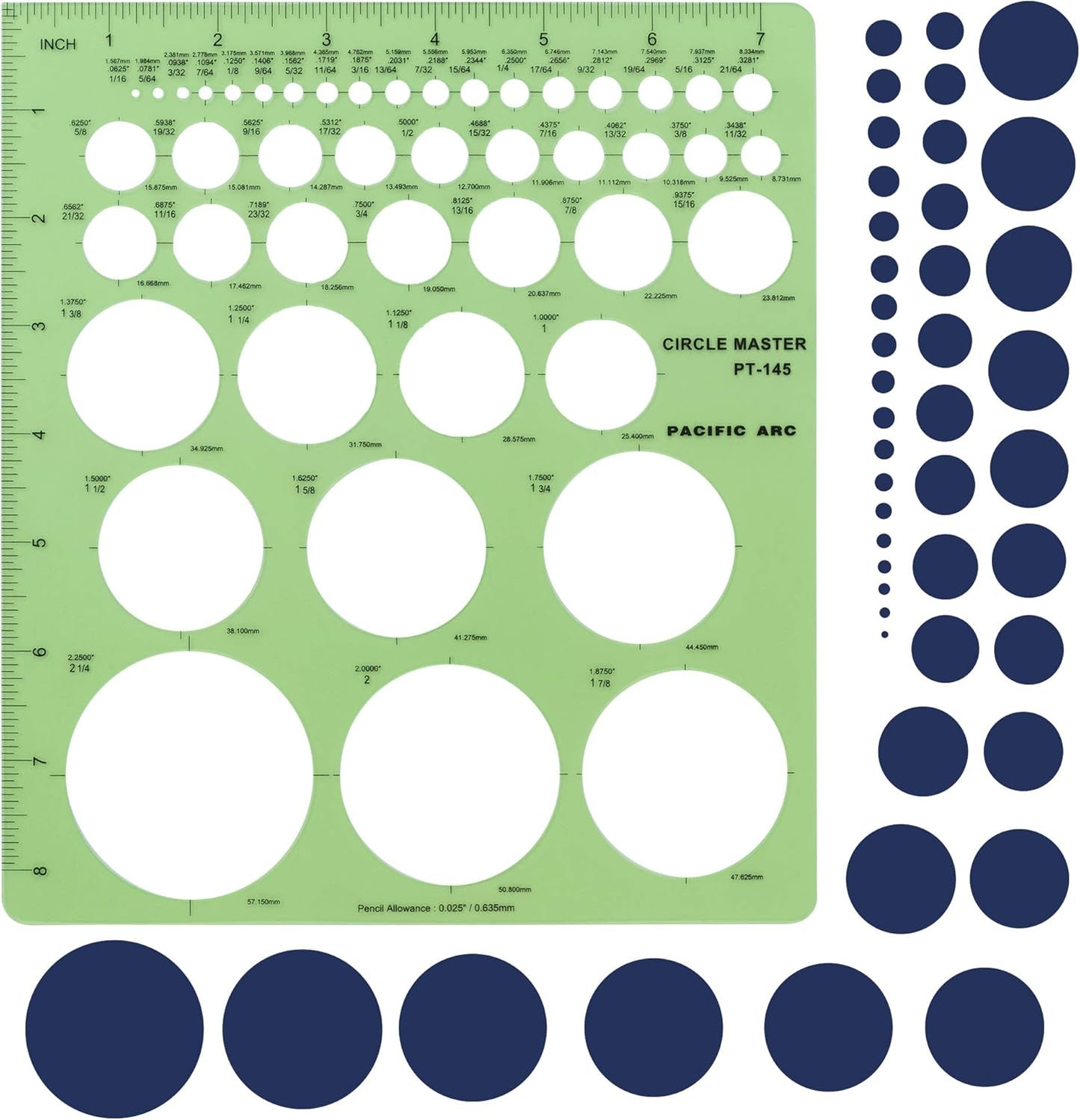 Pacific Arc Professional Circle Guide Template, 45 Total Circle from 1/16 Inch to 2.25 Inch with Inch Graduations