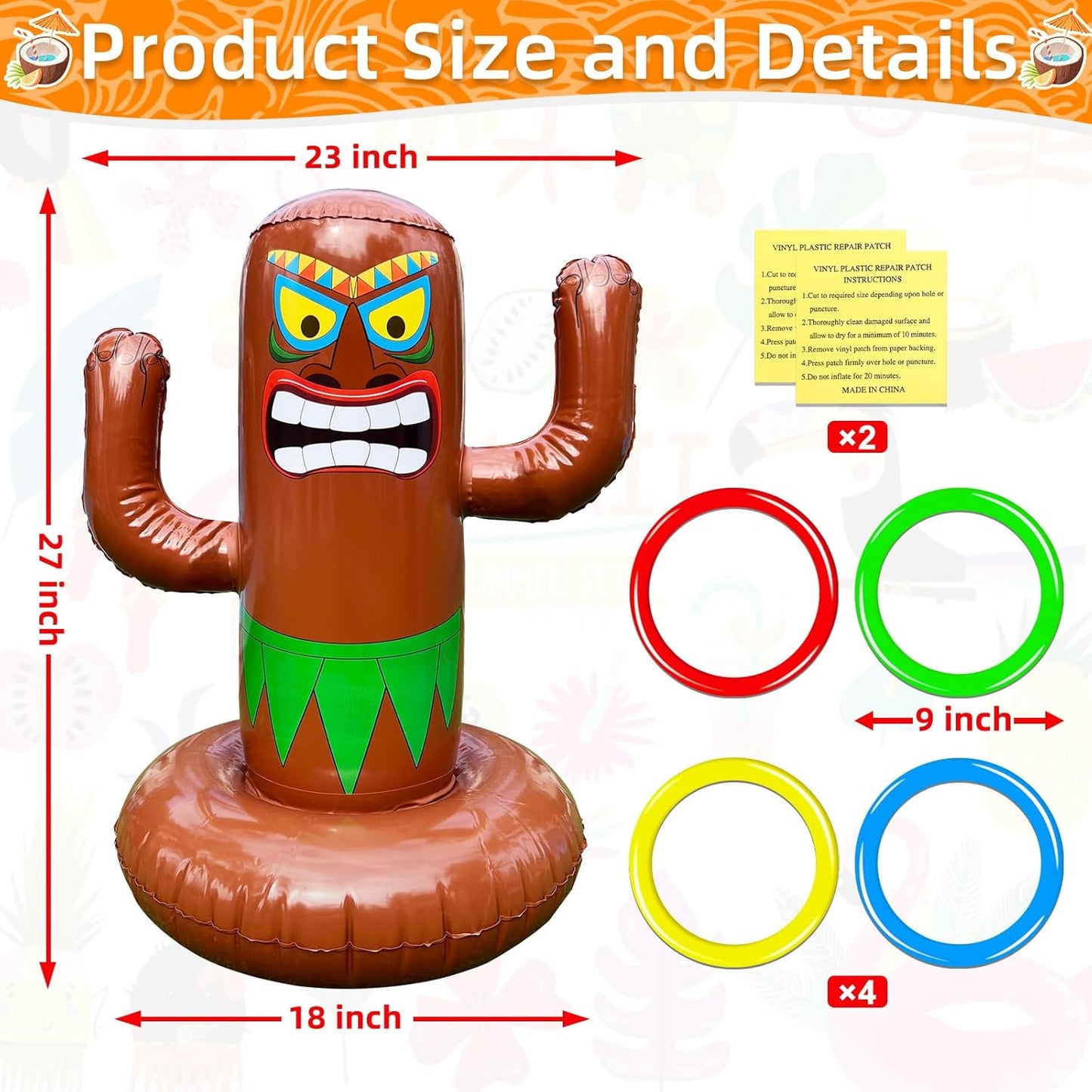 25" Inflatable Luau Tiki Pool Toss Games, Tiki Pool Ring Toss Toys with 4 Rings for Boys Girls Adults Indoor Outdoor Tropical Summer Swimming Inflatable Bean Bags Toss Hawaiian Luau Party Supplies