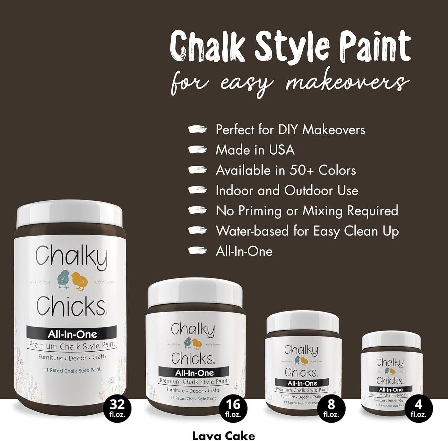 Chalky Chicks All-in-One Chalk Paint for Furniture or Cabinet - 4 Fl Oz - Matte Finish Lava Cake (Dark Brown) for Metal, Wood Furniture Paint - No Sanding All-in-One for Home Decor & Crafts, USA Made