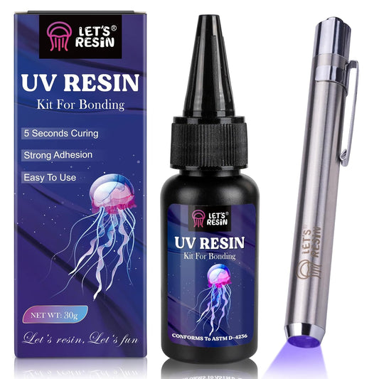 LET'S RESIN UV Resin Kit with Light, Bonding&Curing in Seconds, 30g UV Resin with Flashlight for Welding, Jewelry UV Glue Adhesive for Plastic Repair, Glass Light, Craft Decor