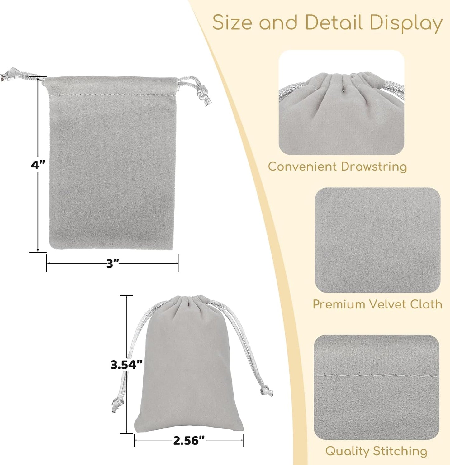 Velvet Drawstring Jewelry Bag, 50Pcs Grey Coin Pouch, 3x4 Dice Bag, for Wrapping Halloween Party Favors or Gifts for Friends, Small Bussiness, Palm Crosses, Necklaces, Bracelet