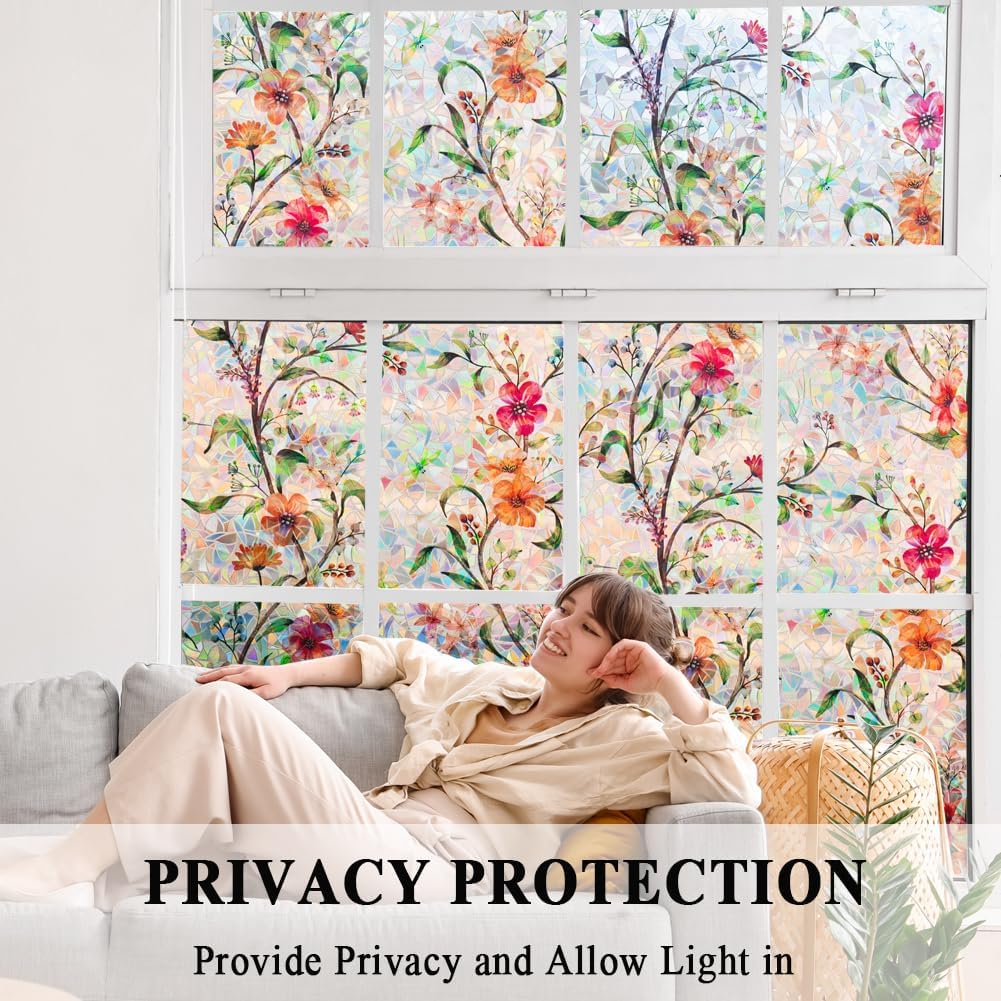 Stained Glass Window Film Static Cling Door Privacy Film Decorative Flowers Green Leaves Window Decals Stickers Heat Control Anti UV for Home and Office,17.5 inches by 78.7 inches