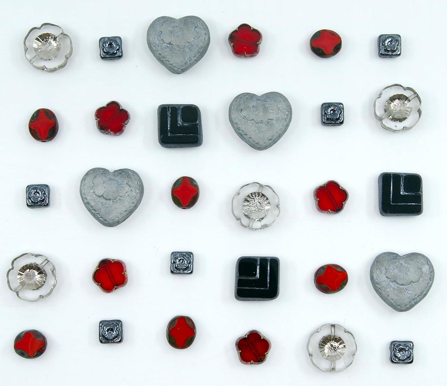65+ pcs (2.1oz=60g) of Focal Glass Bead Mix with Table-Cut Hawaii Flower and Heart with Rose Beads, PG Gray Red