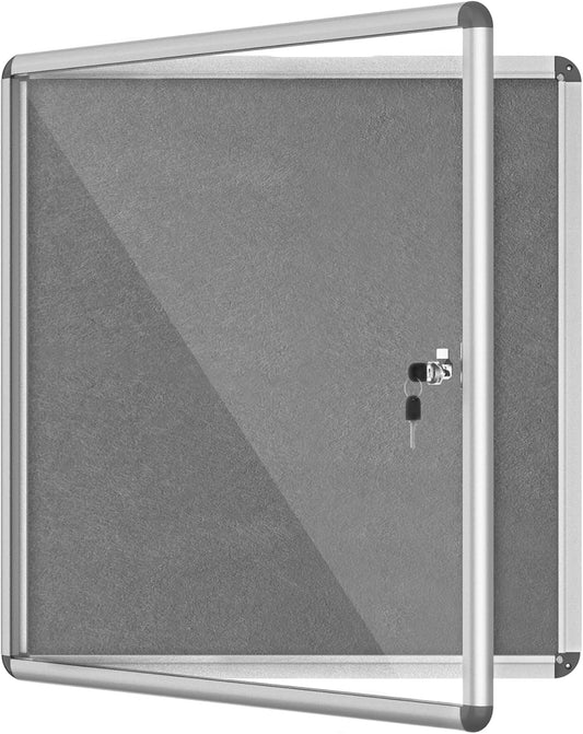 28"x26" Enclosed Bulletin Board, Lockable Weather-Resistant Aluminum Cork Noticeboard for School & Office, Silver Frame w/Grey Flet