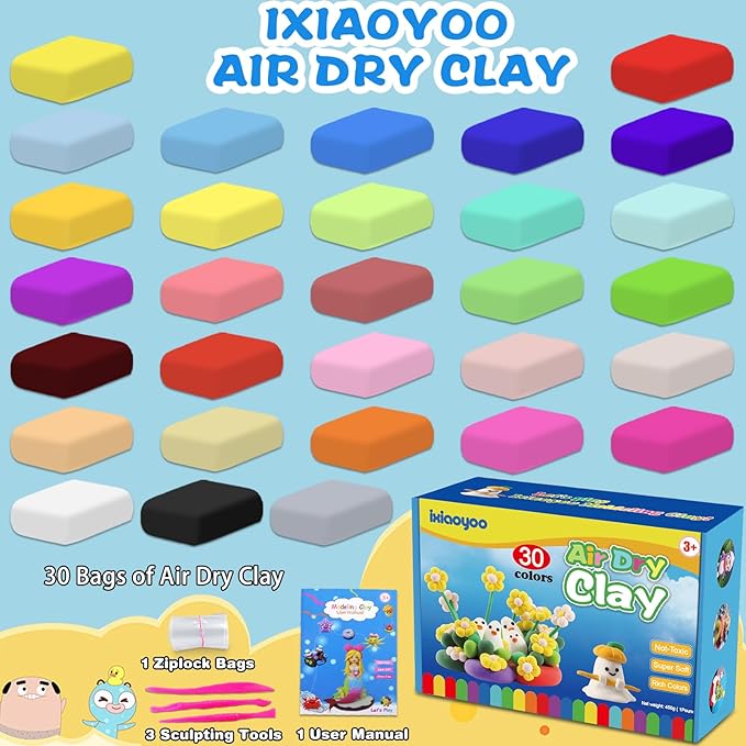 Air Dry Clay, 30 Colors Modelling Clay for Kids, Modeling Toys with Sculpting Tools, Soft & Non-Sticky, Home Party Favors, Birthday & Christmas Gifts for Age 3-12 Years Old Boys Girls Kids