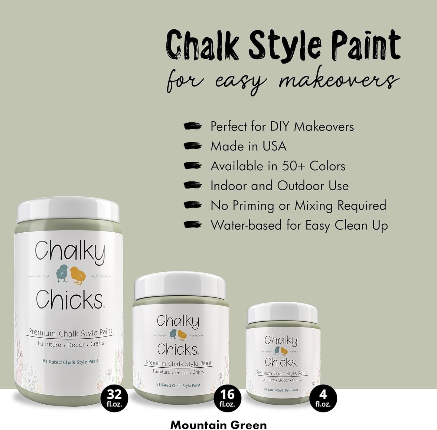 Chalky Chicks All-in-One Chalk Paint for Furniture or Cabinet -32FlOz-Matte Finish Mountain Green (Sage Green) for Metal, Wood Furniture Paint - No Sanding All-in-One for Home Decor & Crafts, USA Made