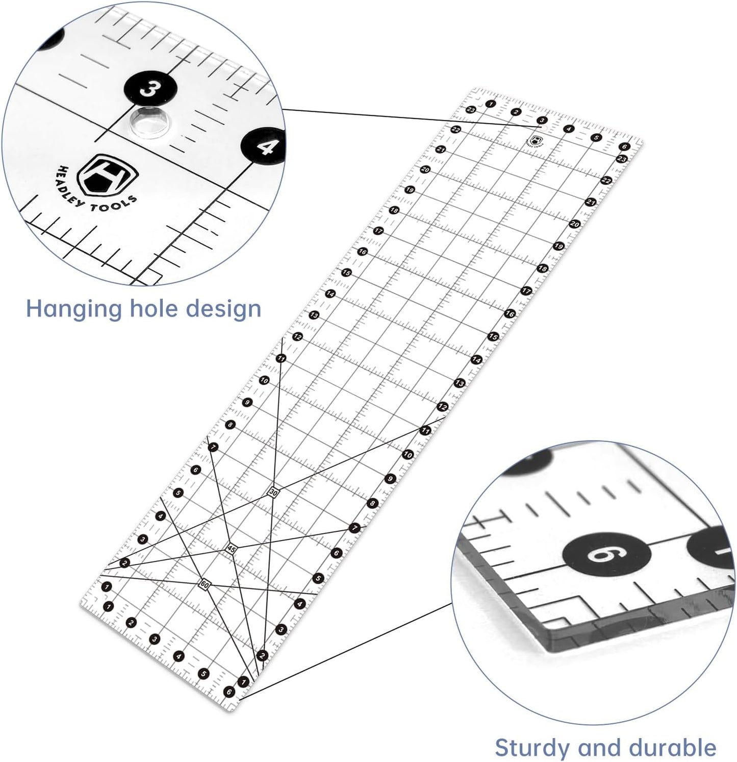 Headley Tools Sewing Ruler,Quilting Ruler (6.5"x 24"), Sewing and Quilting Ruler with 30°/45°/60° Angle Indicator, Acrylic Fabric Ruler for Sewing and Quilting,Clear/Black