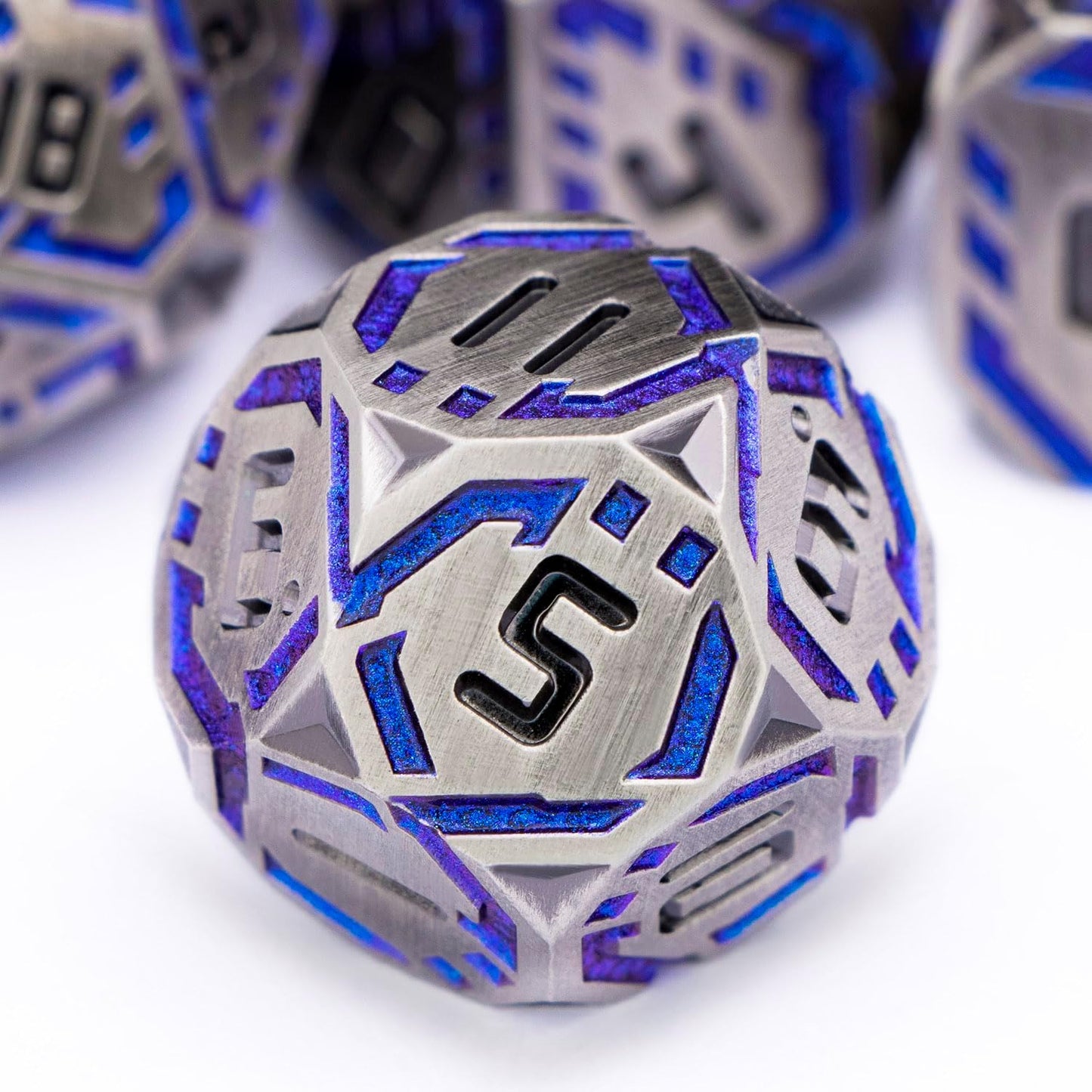 Metal DND Sci-fi Dice Set 7PCS Stripe Polyhedral Dice for Dungeons Dragons RPG Role Playing Game, Glitter D and D Dice with Gift Box D6 D8 D10 D12 D20 (Blue Purple&Grey)