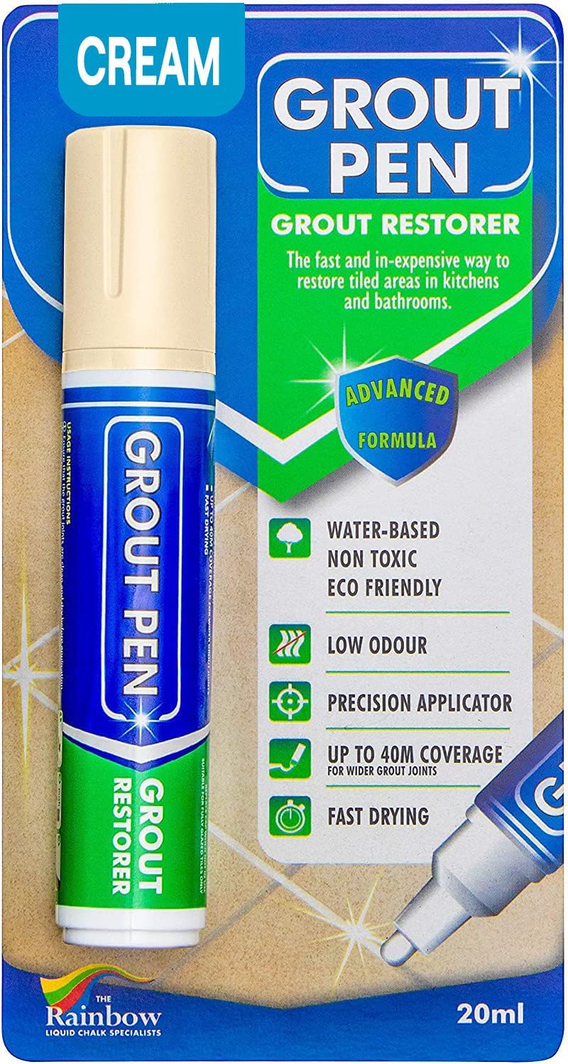 Grout Pen Cream Tile Paint Marker: Waterproof Grout Paint Pen, Tile Grout Colorant and Sealer Pen for Bathroom, Shower, Kitchen, More - Cream, Wide 15mm Tip (20mL)